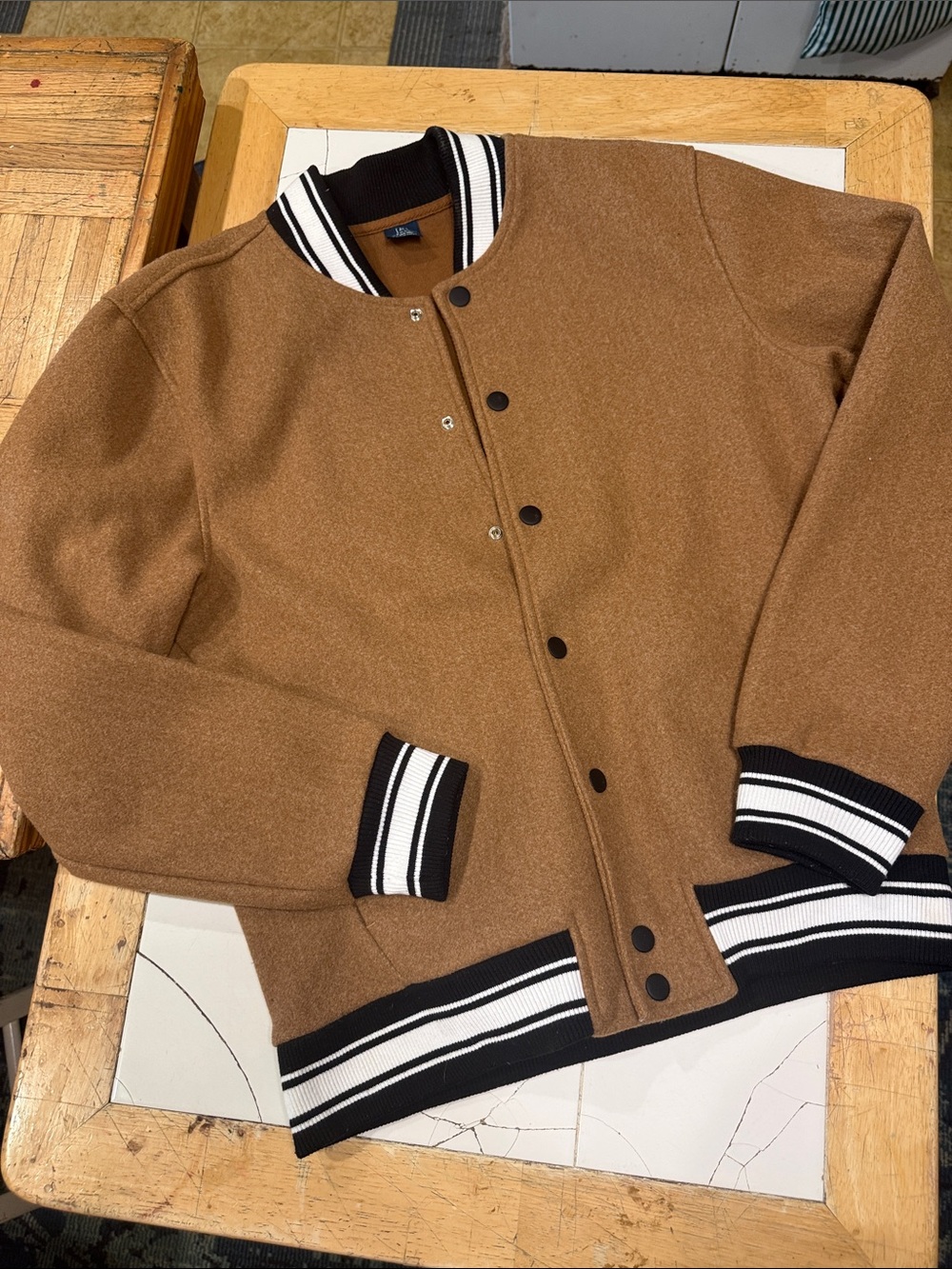 George Tan Bomber Jacket with Black & White Stripe Trim , S-34-36